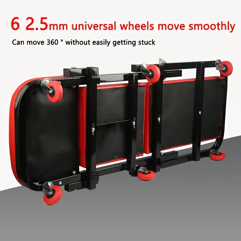 2-in-1 Mechanic Creeper Seat with Wheels by S And B Enterprise, folding rolling stool with black frame and red wheels