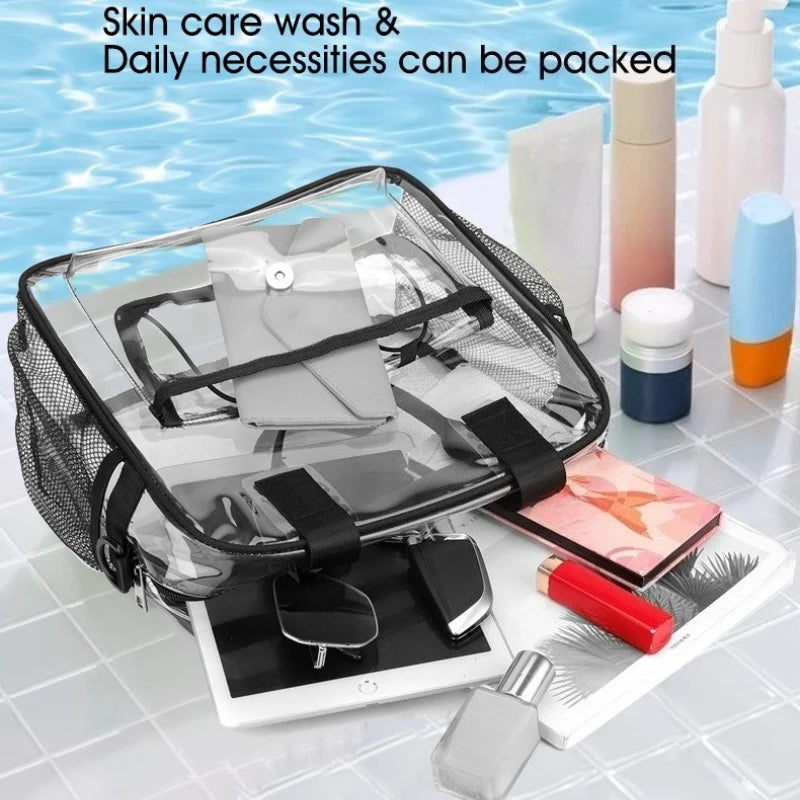 PVC transparent swimming bag by S And B Enterprise; beach crossbody with black trim.