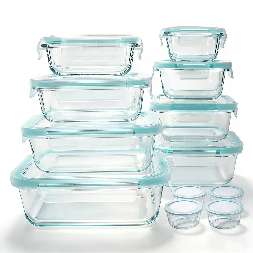 S And B Enterprise glass food storage containers set, 24 pieces with light blue airtight lids; microwave-safe.