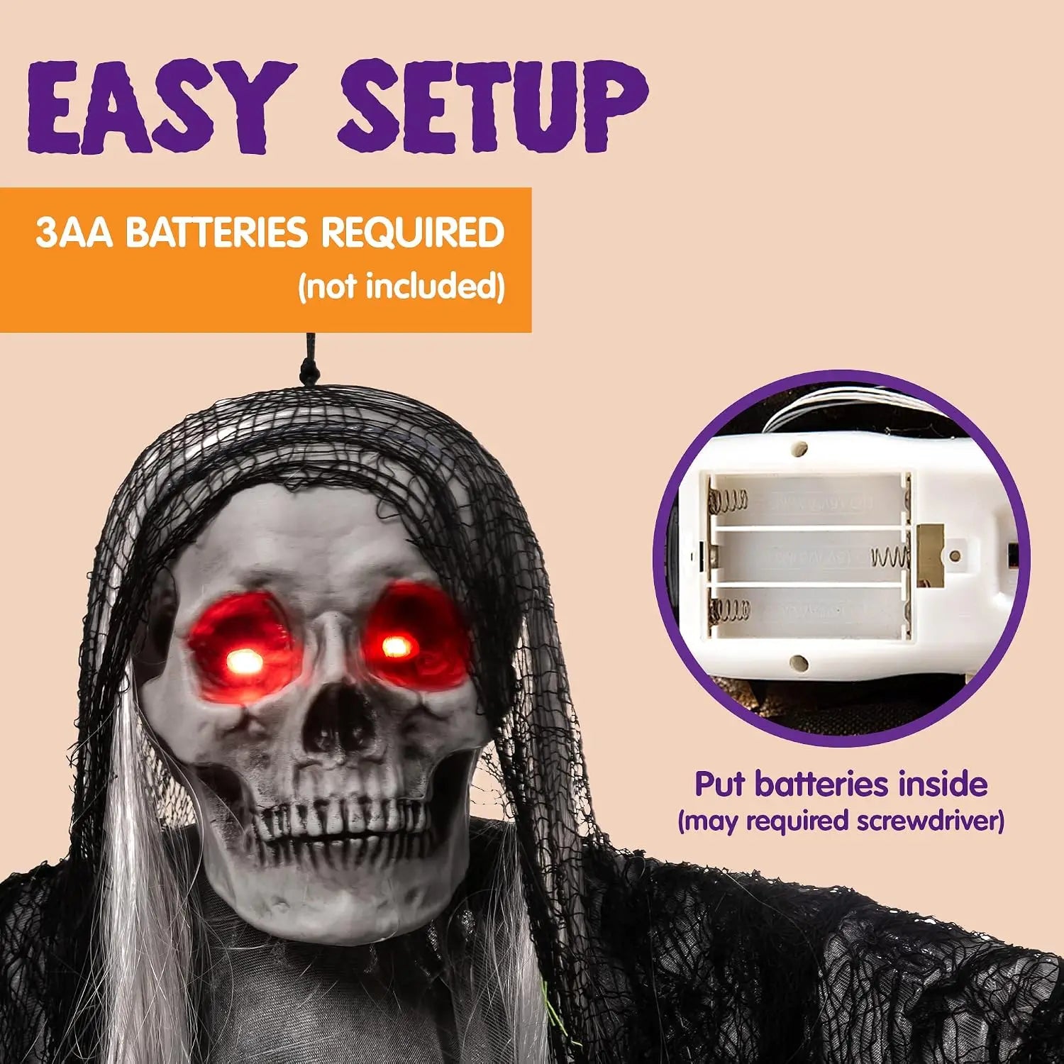 59-inch animated Grim Reaper hanging Halloween decoration with glowing red eyes and creepy sound