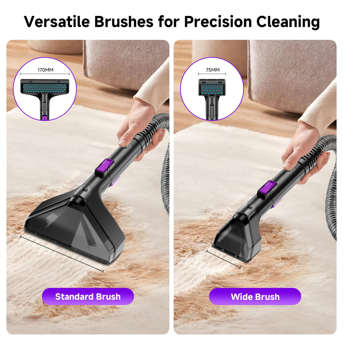 Honki 530W handheld carpet cleaner by S And B Enterprise; black with purple accents, two brush options: standard and wide.