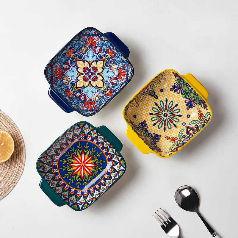 2Only15.24 Bohemian-Style Ceramic Salad Bowl/Pasta Bowl, Reusable Dessert Container with Handle/ Snack Bowl, Boho Tableware by S And B Enterprise