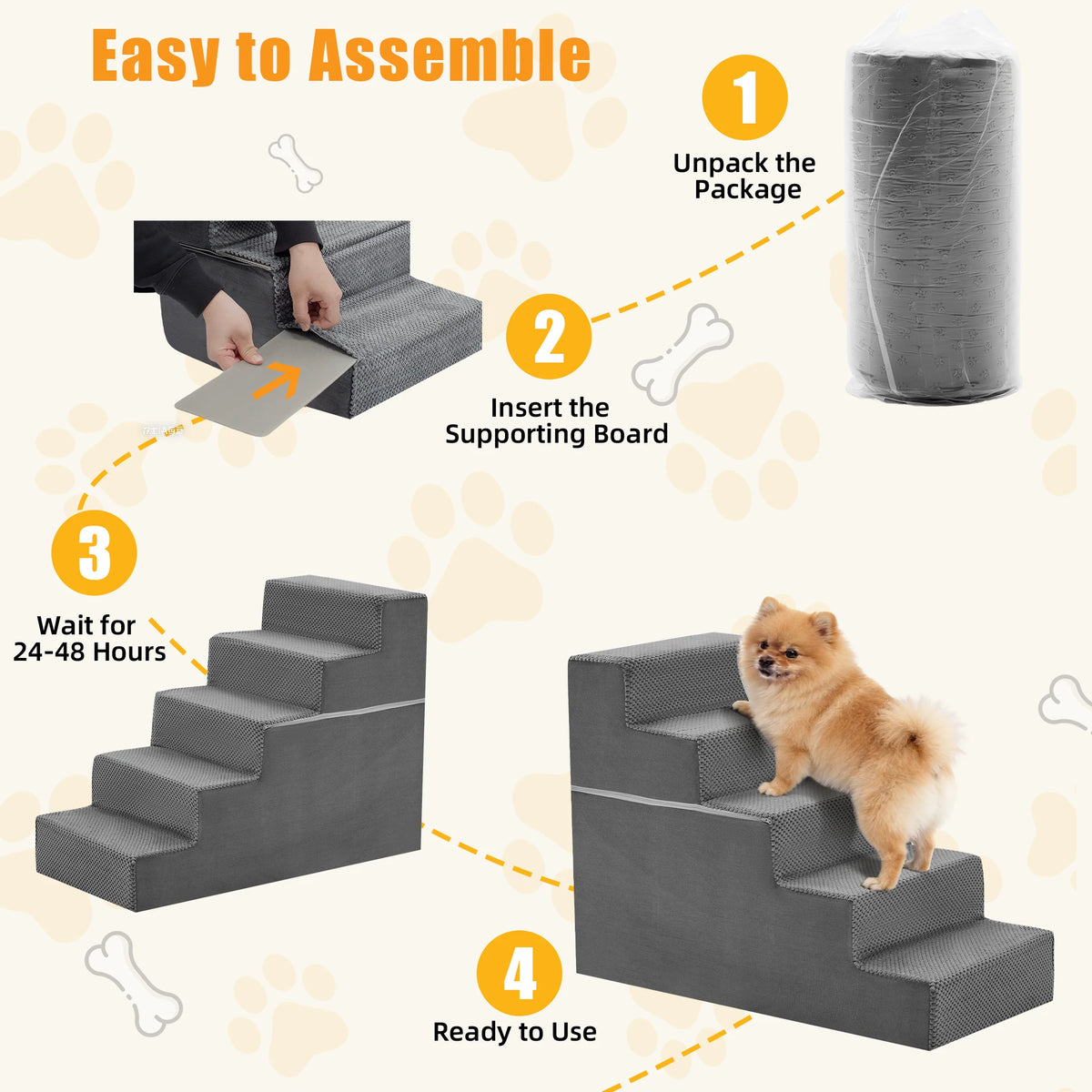 JHK foam dog stairs with 3–5 steps, right-angled, grey non-slip foam blocks for small dogs; two units shown