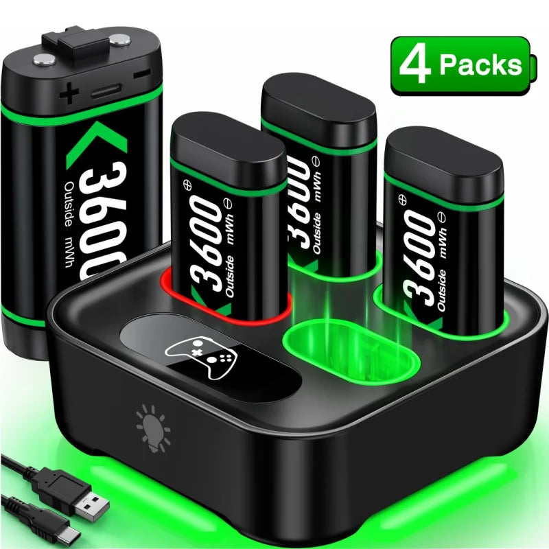 Xbox rechargeable battery four-pack with charging dock, 3600 mWh each, black with green accents
