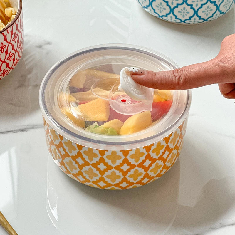 1-Pack 5.3 Inch Bohemian Lidded Fresh-Keeping Bowl, Microwave-Safe Multi-Purpose Fresh-keeping Bowl, Fruit/Salad/Pasta/Rice/Soup by S And B Enterprise
