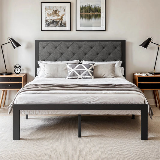 HOOMICH Metal Bed Frame With Upholstered Headboard Linen