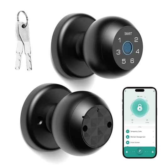Viladepot smart door lock with fingerprint keypad, black finish; backup key and smartphone app control.