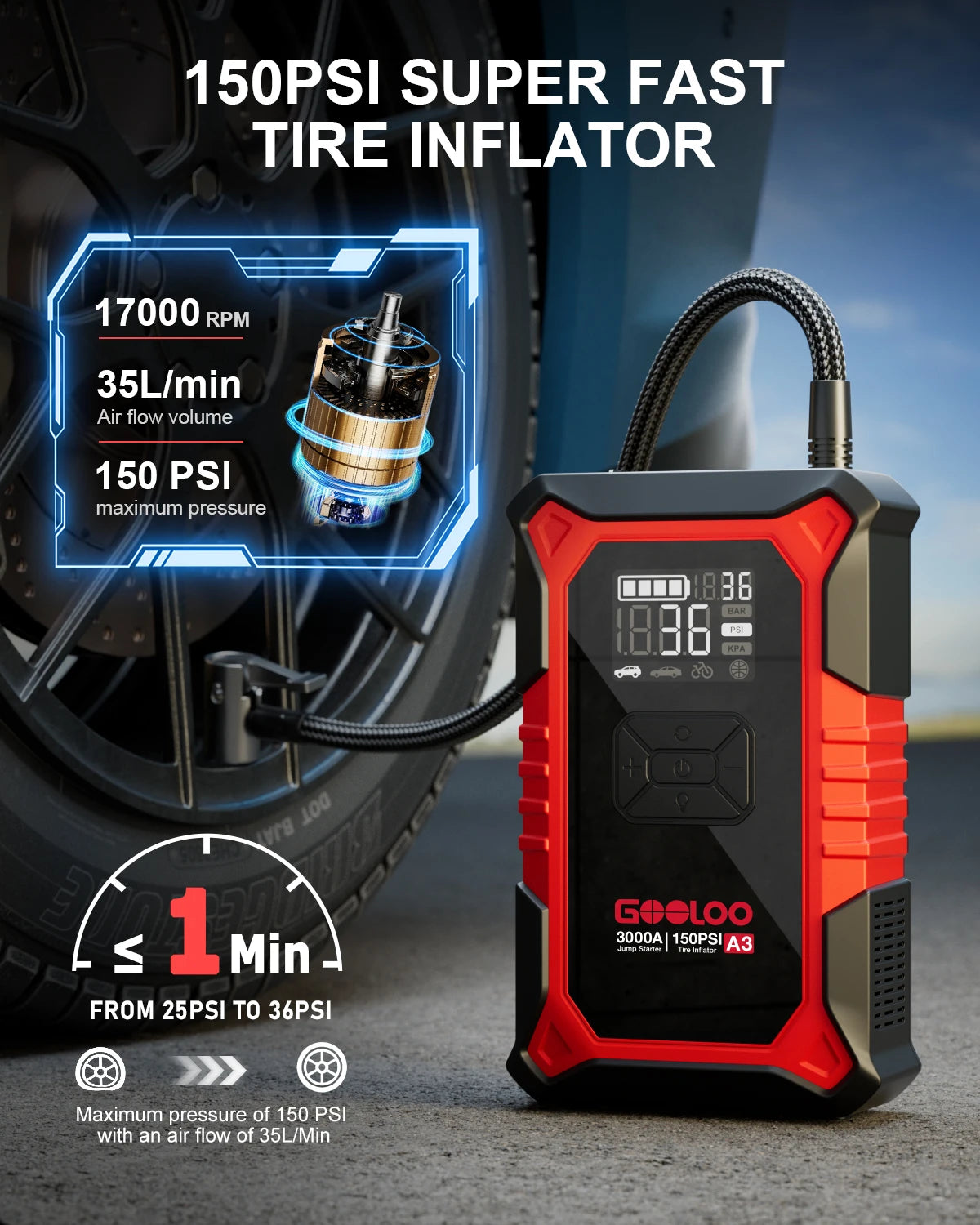 GOOLOO A3 Jump Starter With Air Compressor 3000A Car Booster
