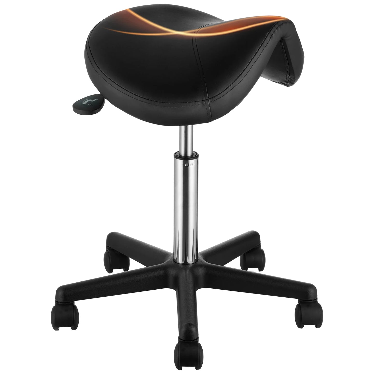 SucceBuy ergonomic saddle stool, black faux-leather seat on chrome post with 5-caster base; height adjustable 20.1–28 in
