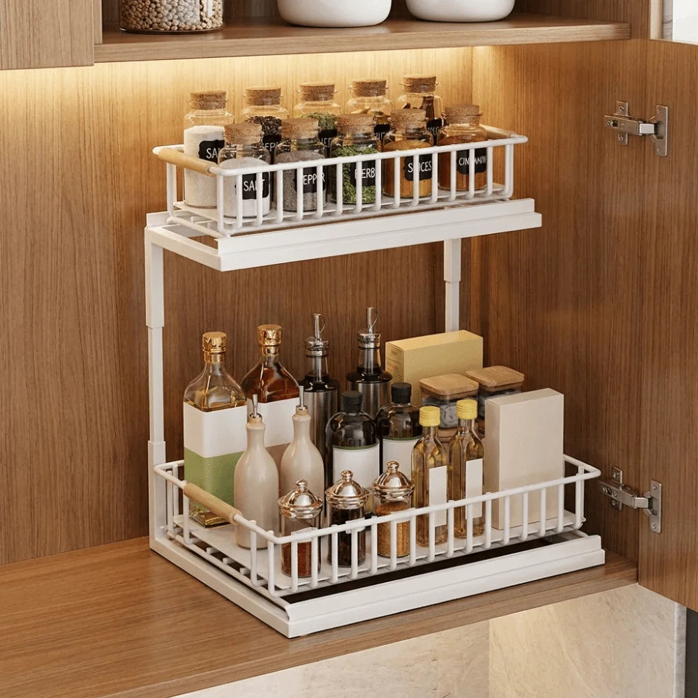 Carbon steel 2-tier under-sink organizer by S And B Enterprise, white rustproof slide-out shelf, large capacity