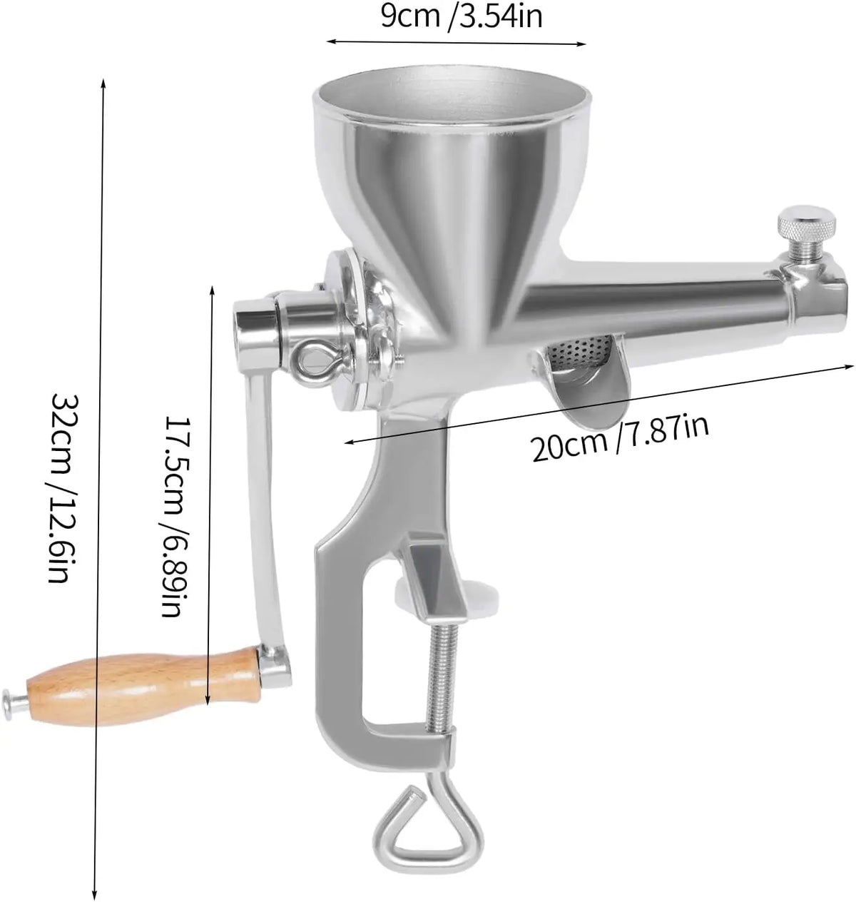 Manual wheatgrass juicer in stainless steel with wooden crank handle and mounting clamp; S And B Enterprise
