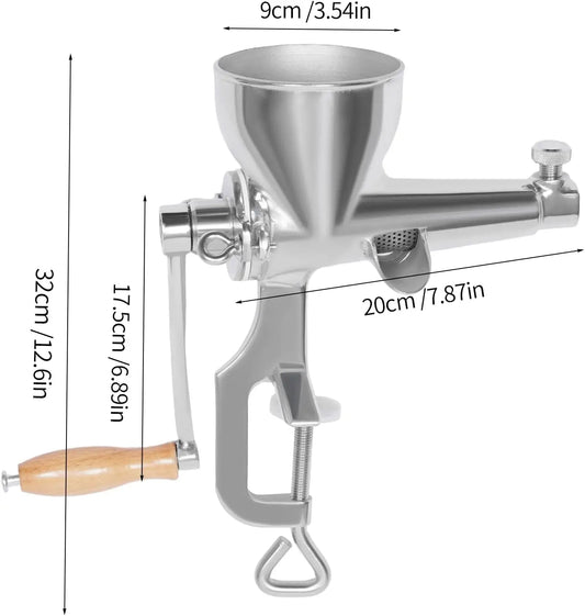 Manual wheatgrass juicer in stainless steel with wooden crank handle and mounting clamp; S And B Enterprise