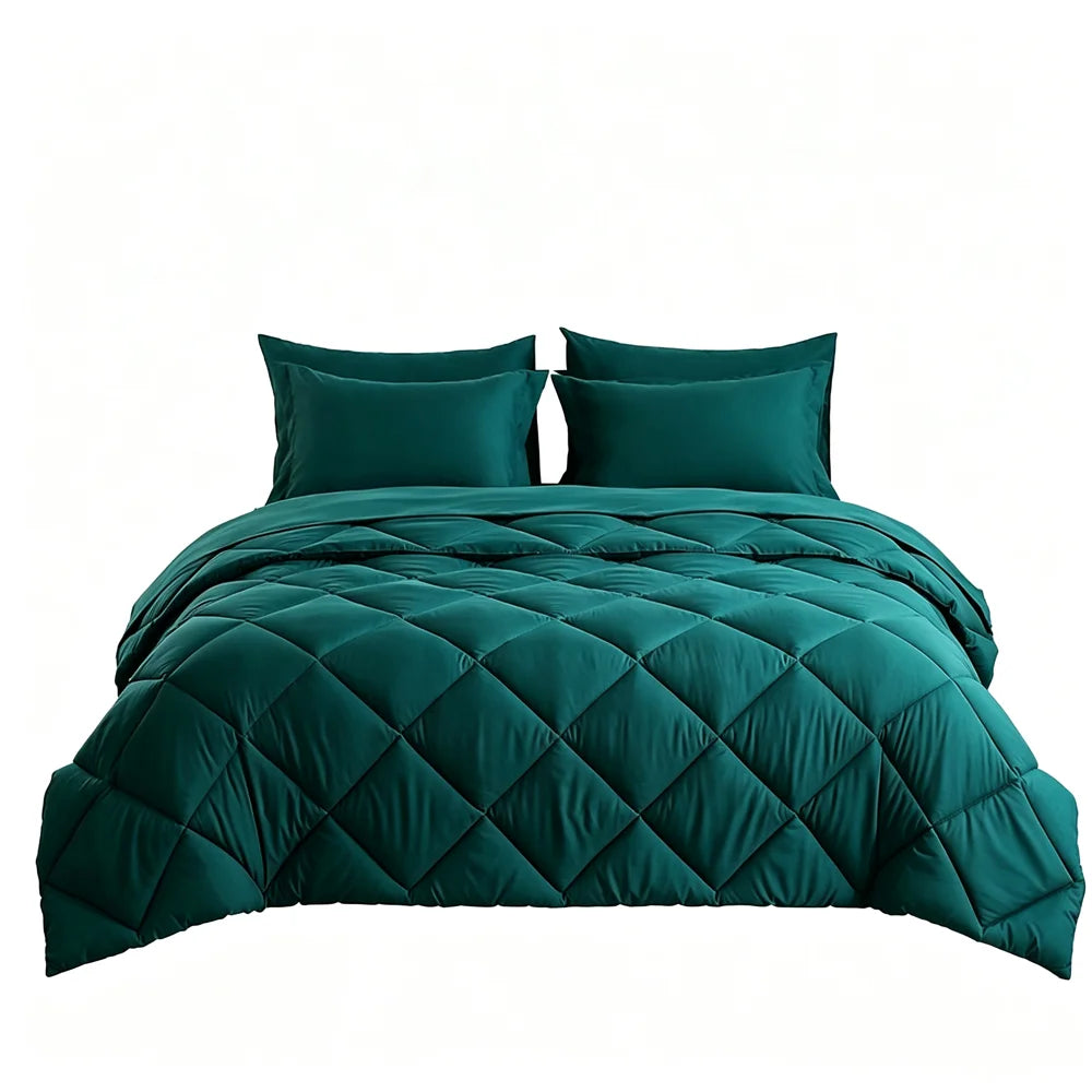 S And B Enterprise teal quilted bedding set, 5pc/7pc, with comforter, flat sheet, fitted sheet, and pillowcases.