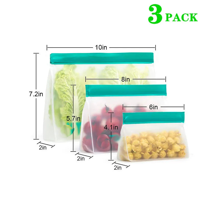 Reusable silicone PEVA stand-up food storage bags, teal-top, 3-pack with leakproof ziplock seals