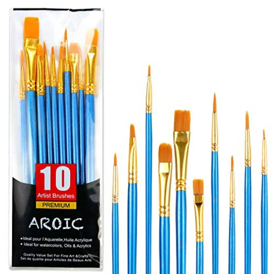Acrylic Paint Brush Set 1 Pack 10 pcs Watercolor Brushes with Nylon Hair for All Purpose Oil Watercolor Painting Artist Profess by S And B Enterprise