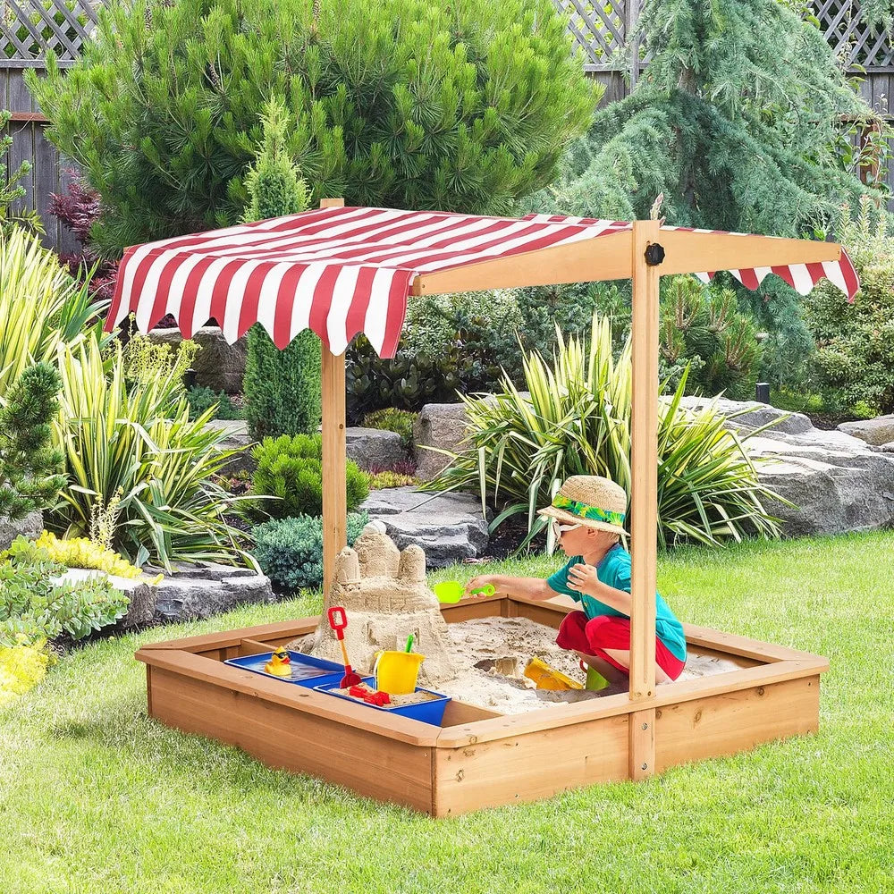 Kids Sandbox With Cover And Adjustable Canopy For Backyard