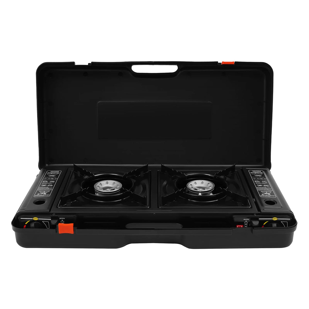 Two-burner portable camping stove in a black carrying case with an orange latch.
