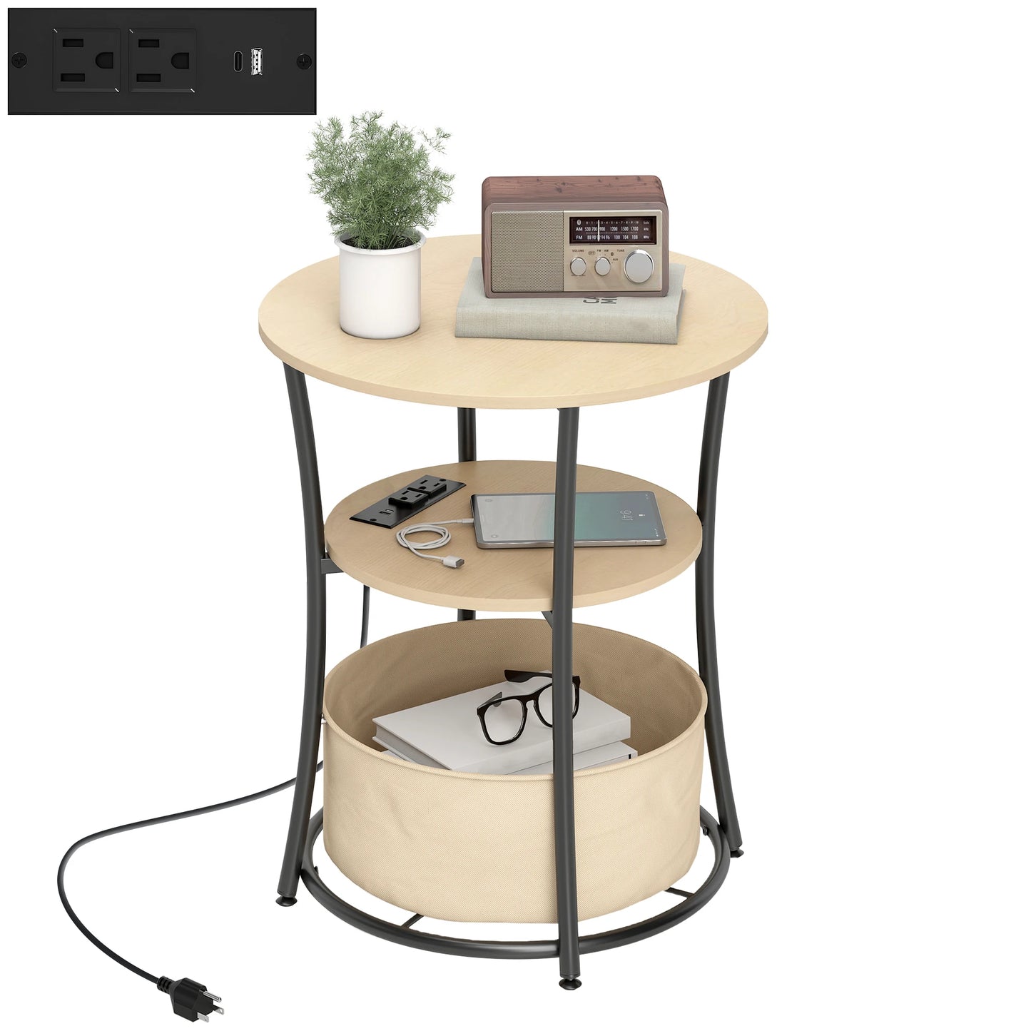 HOMCOM Round Side Table With Charging Station And Fabric Storage