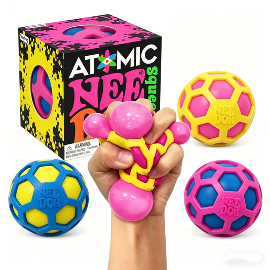 Schylling Needoh Atomic stress relief ball squishy toy; colorful lattice balls in blue-yellow, pink-blue, pink-yellow.