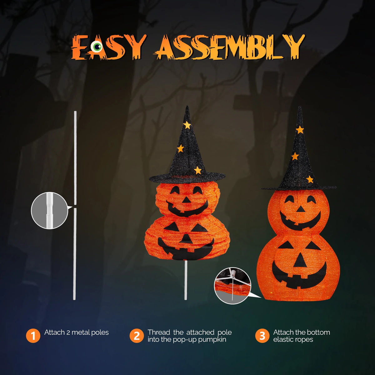 Pop-up lighted pumpkins, 2-pack, 3ft tall with 150 warm LED lights for yard Halloween decor by S And B Enterprise