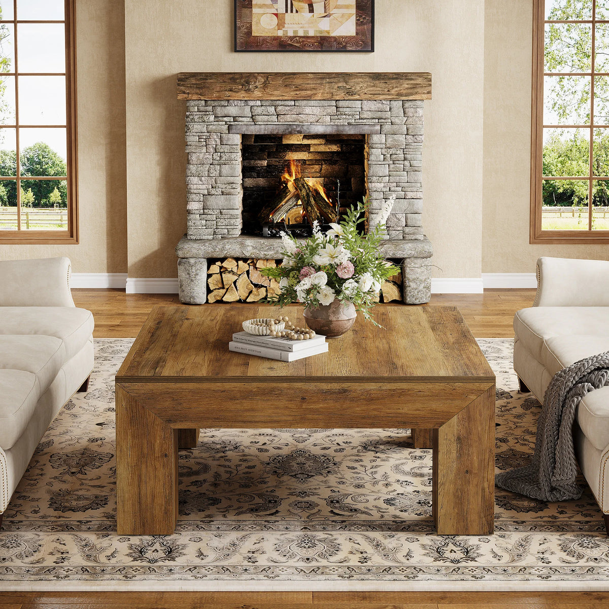 Tribesigns 39.4-inch square coffee table with rustic wood finish and sturdy wooden legs in living room.