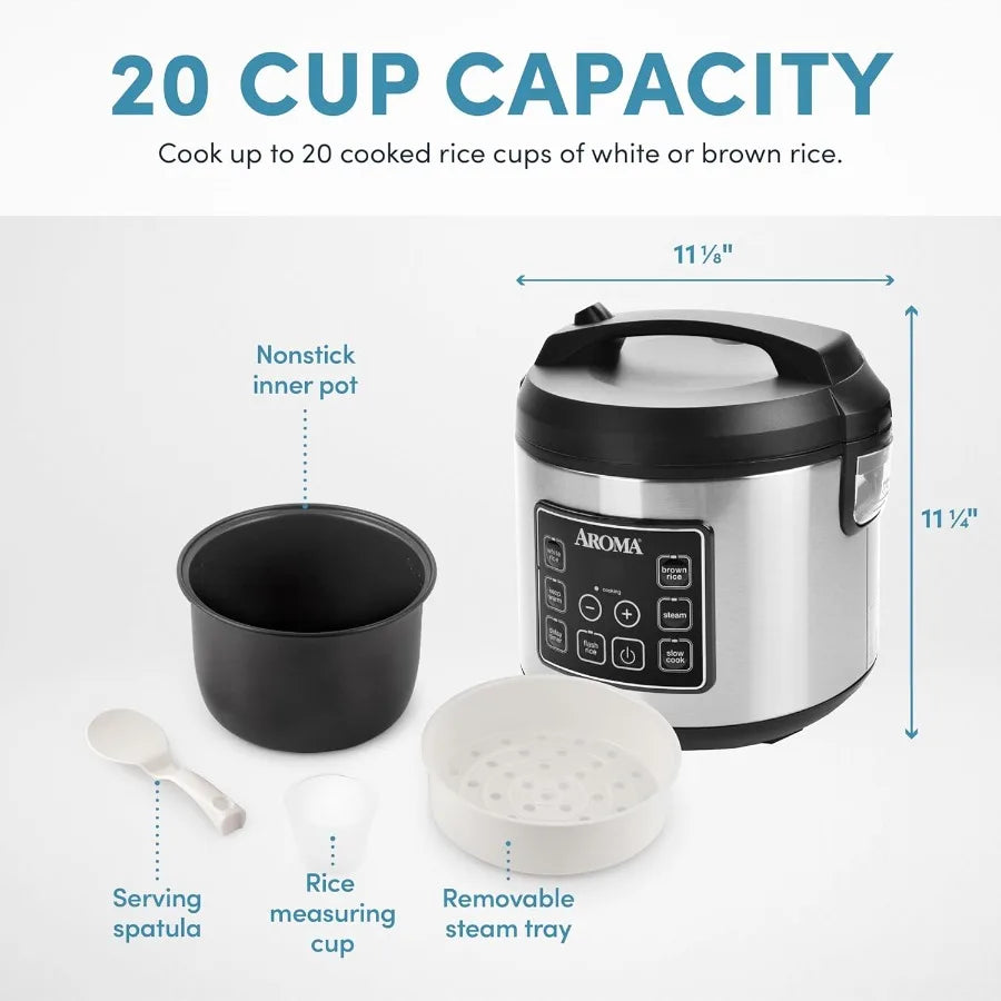 Aroma 20-cup cooked-capacity digital rice cooker with stainless steel exterior; includes nonstick inner pot.