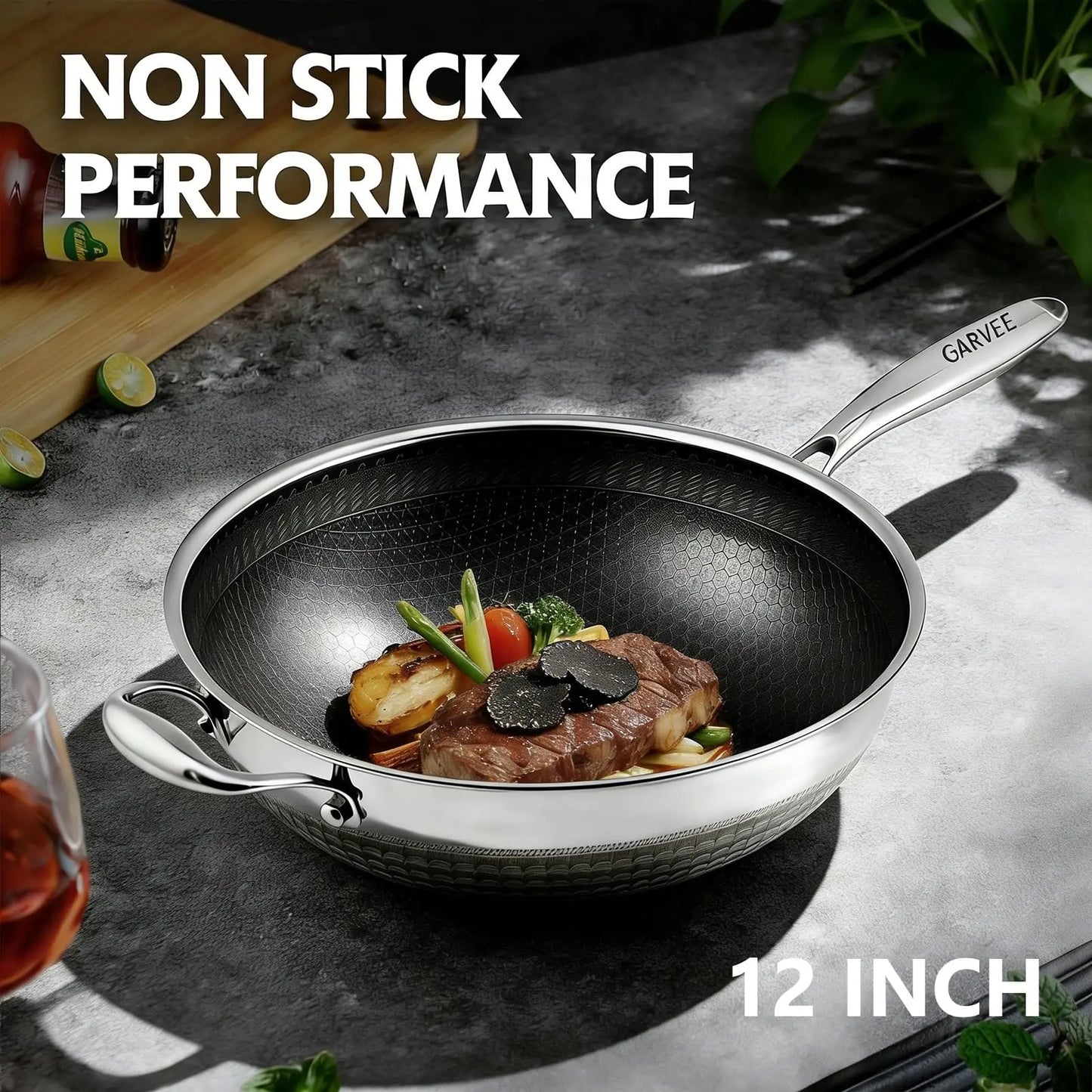 HiMISS Stainless Steel Wok Pan Induction Compatible Nonstick Snowflake Coating