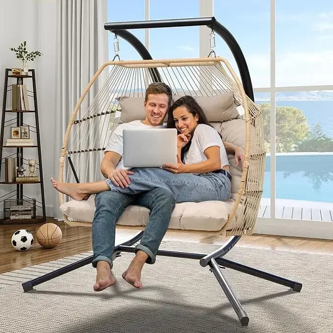 Outdoor Two Person Egg Swing Chair With Stand And Cushions