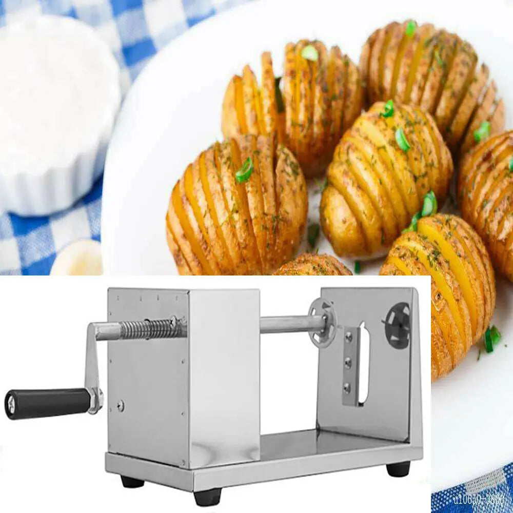 Stainless steel spiral potato cutter and slicer by S And B Enterprise; hand-cranked kitchen gadget for potatoes.