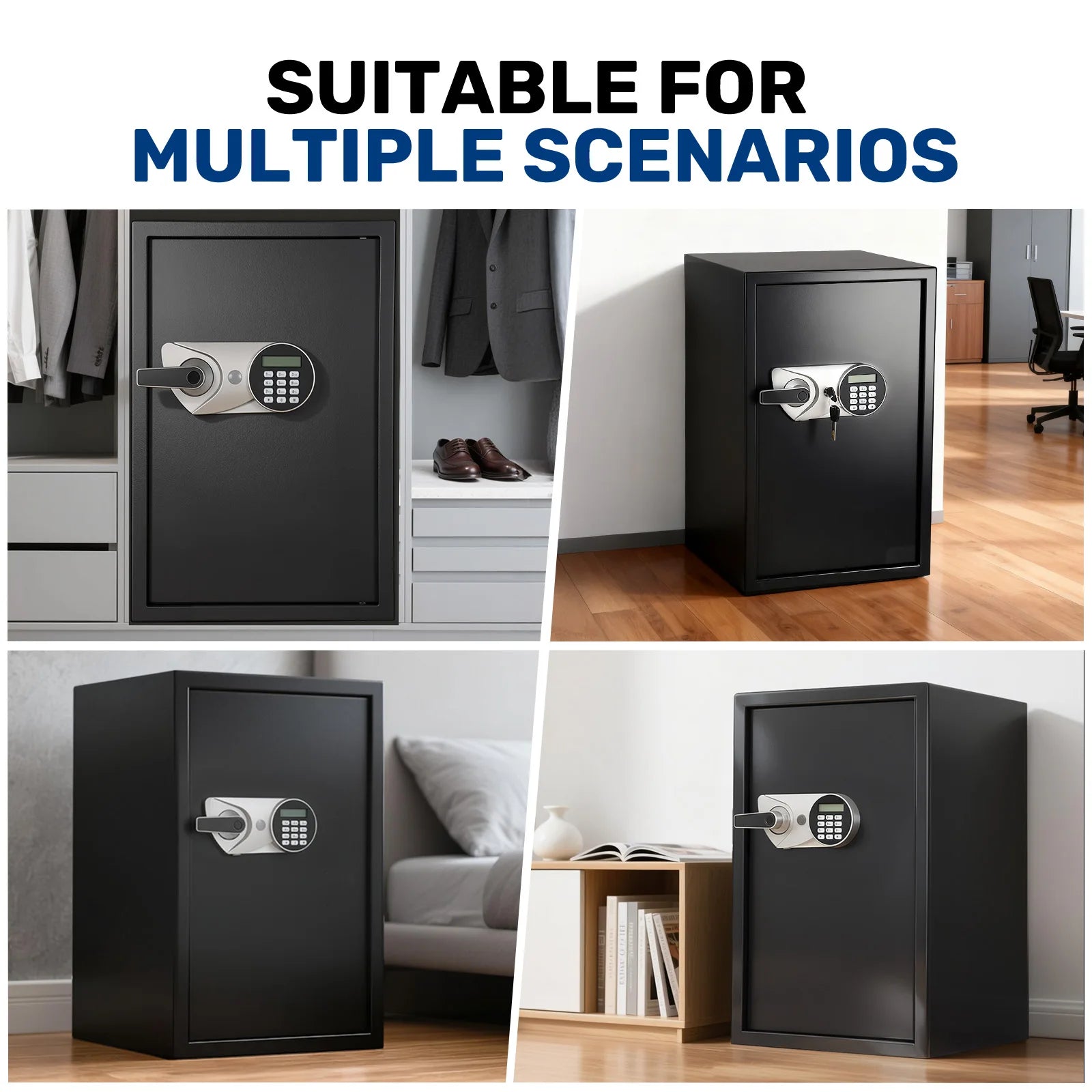 BlackSmith large black safe with digital keypad and lever handle, shown in multiple angles in home and office settings.