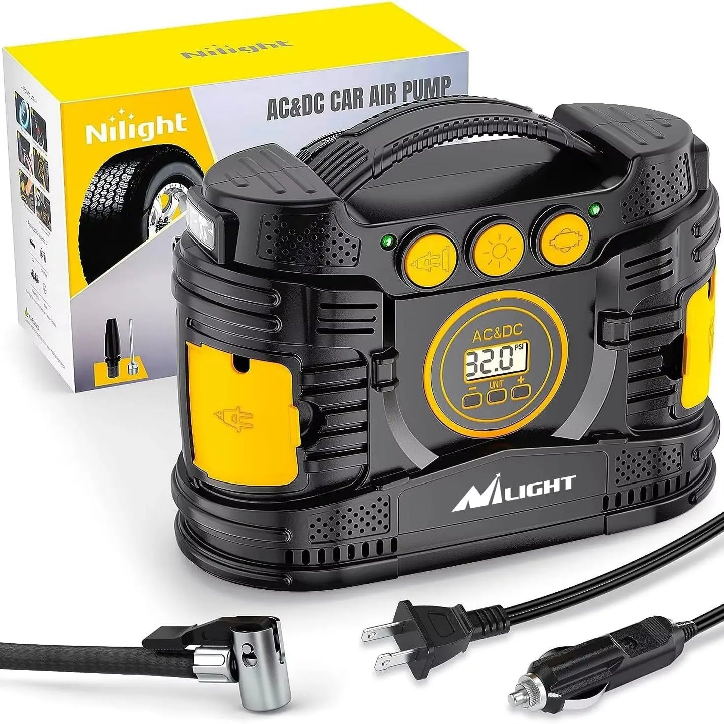 Nilight AC/DC car air pump portable inflator with digital gauge; black and yellow, dual 12V/110V power.