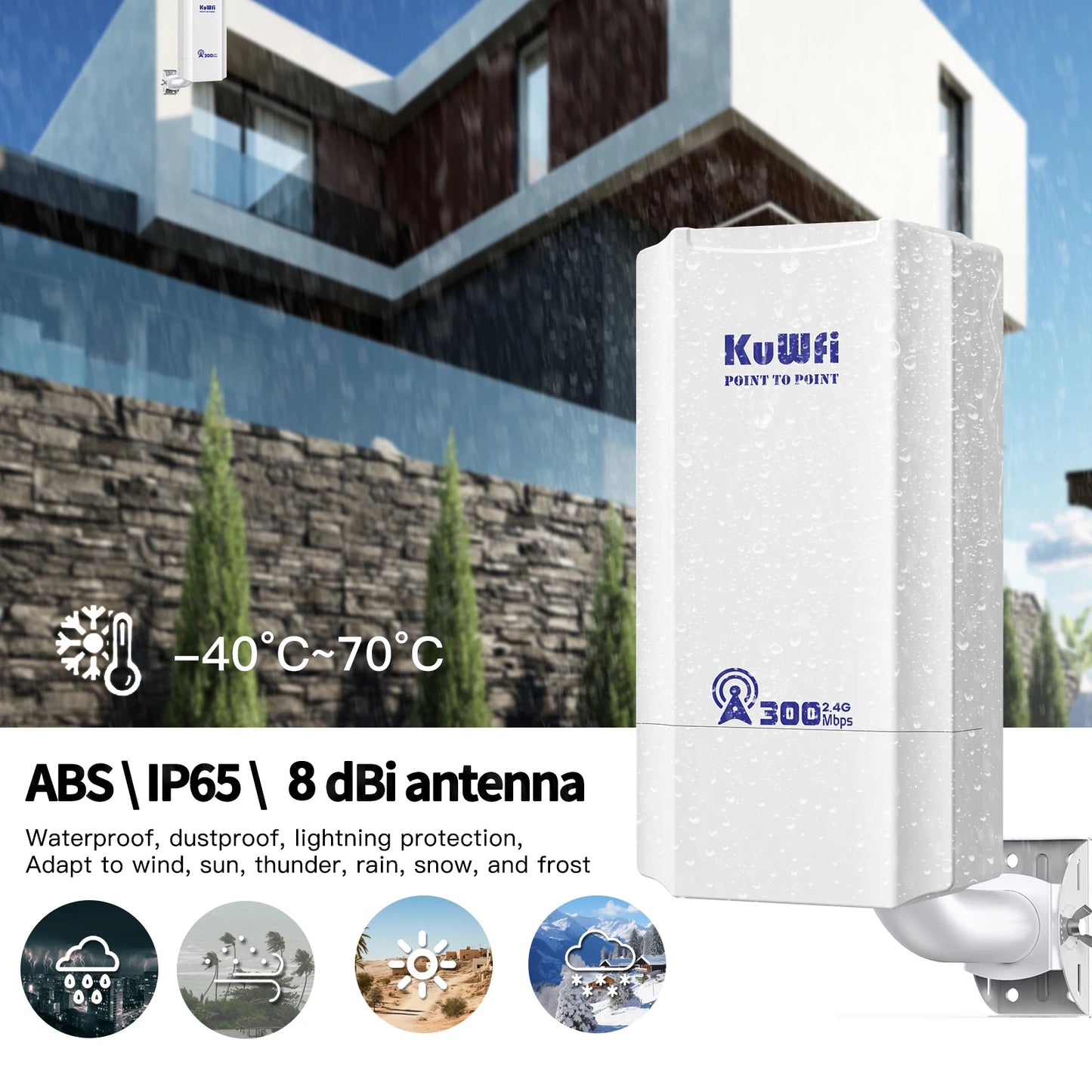 KuWFi Outdoor 300Mbps 2.4GHz CPE Bridge AP Repeater IP65