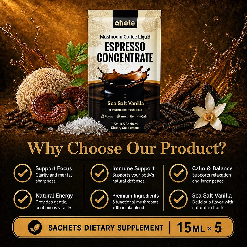 AHETE Mushroom Coffee Liquid Espresso Concentrate, Sea Salt Vanilla flavor, 15ml x 5 sachets