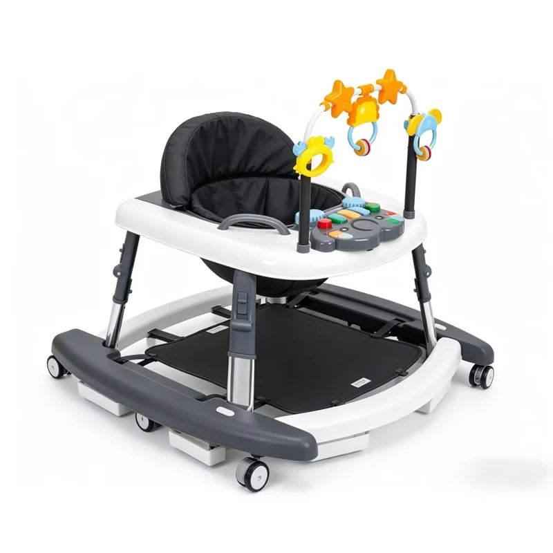 Baby walker 5-in-1 foldable with musical toy bar, adjustable height, white and gray.