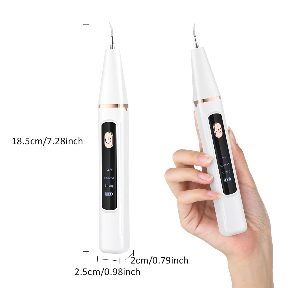 Electric ultrasonic teeth tartar cleaner dental scaler by S And B Enterprise, white with rose-gold trim, two views