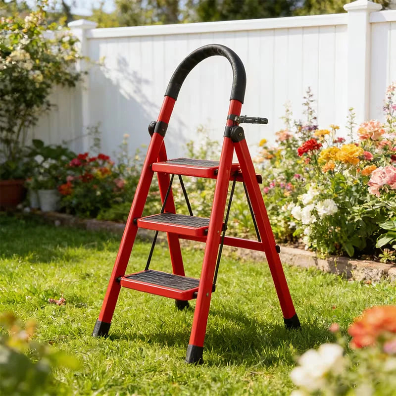 3 Step Folding Ladder Step Stool with Handrail and Tool Holde Portable Steel Frame Safety Ladder with Wide Anti Slip Steps Reinforced A Frame Structure Non Slip Rubber Feet Stable Climbing Ladder for Home Kitchen Office Garag by S And B Enterprise