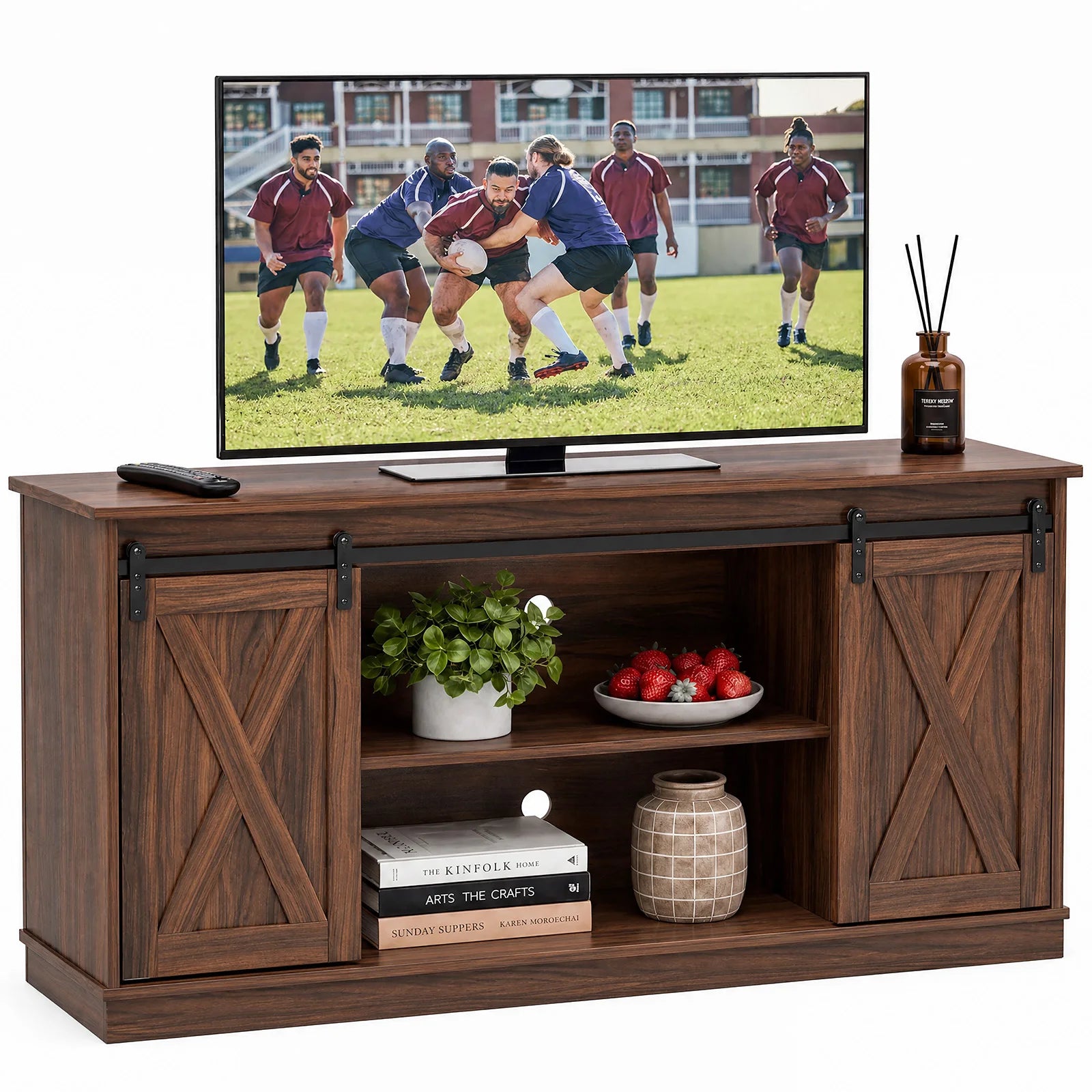 S And B Enterprise wood TV console cabinet with barn-door storage, dark walnut finish, TV on top.