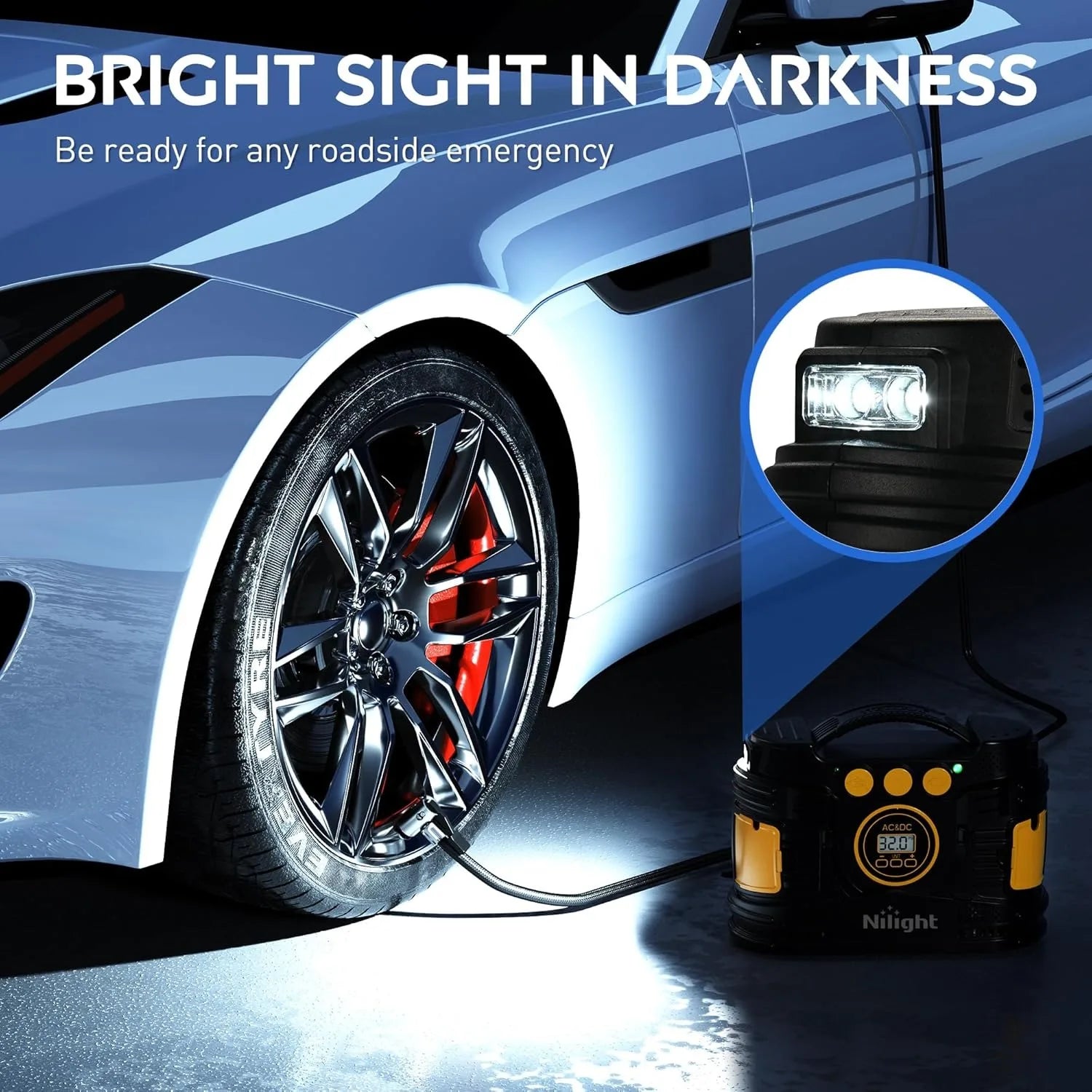 Nilight portable tire inflator air compressor (yellow/black) with gauge; 12V DC or 110V AC for cars and motorcycles.
