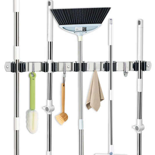 Stainless Steel 4 Hook Wall Mounted Mop And Broom Organizer