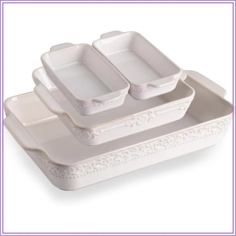 Ceramic Bakeware Set of 4, Rectangular Baking Dish with Handles, Oven Casserole Dishes for Lasagna, Gratin, Roasting, Daily Use by S And B Enterprise