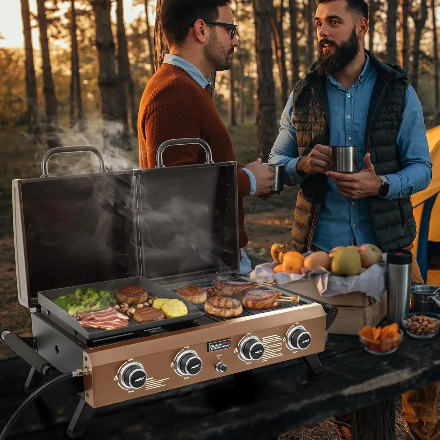 GD4002TPY portable tabletop grill and griddle with hood, 4-burner propane, Royal Gourmet, outdoor camping scene.