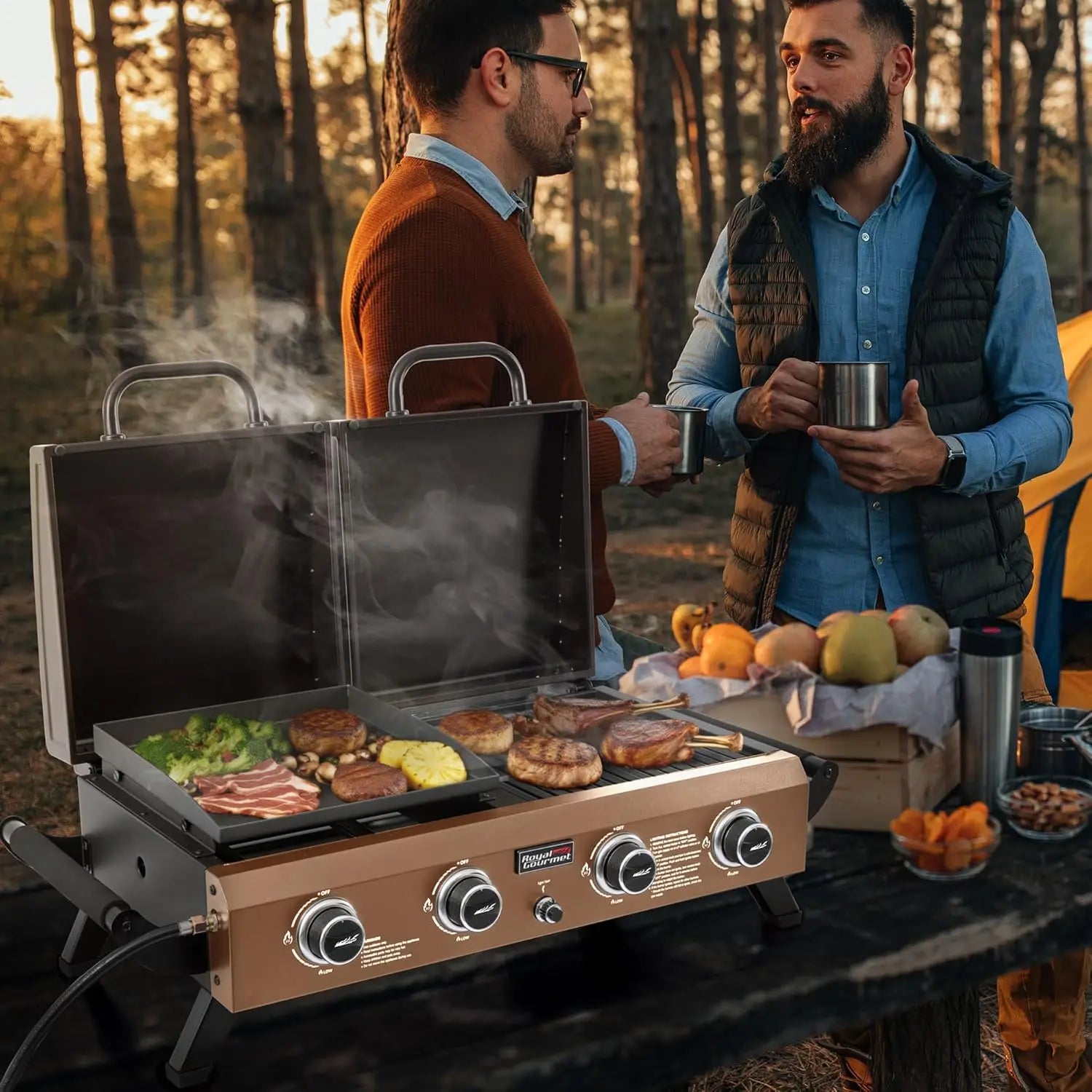 GD4002TPY portable tabletop grill and griddle with hood, 4-burner propane, Royal Gourmet, outdoor camping scene.