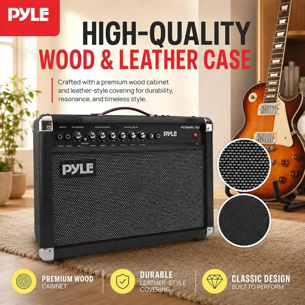 Guitar amplifier by Pyle, 40W portable with two speakers in a black leather-style cabinet, guitar nearby