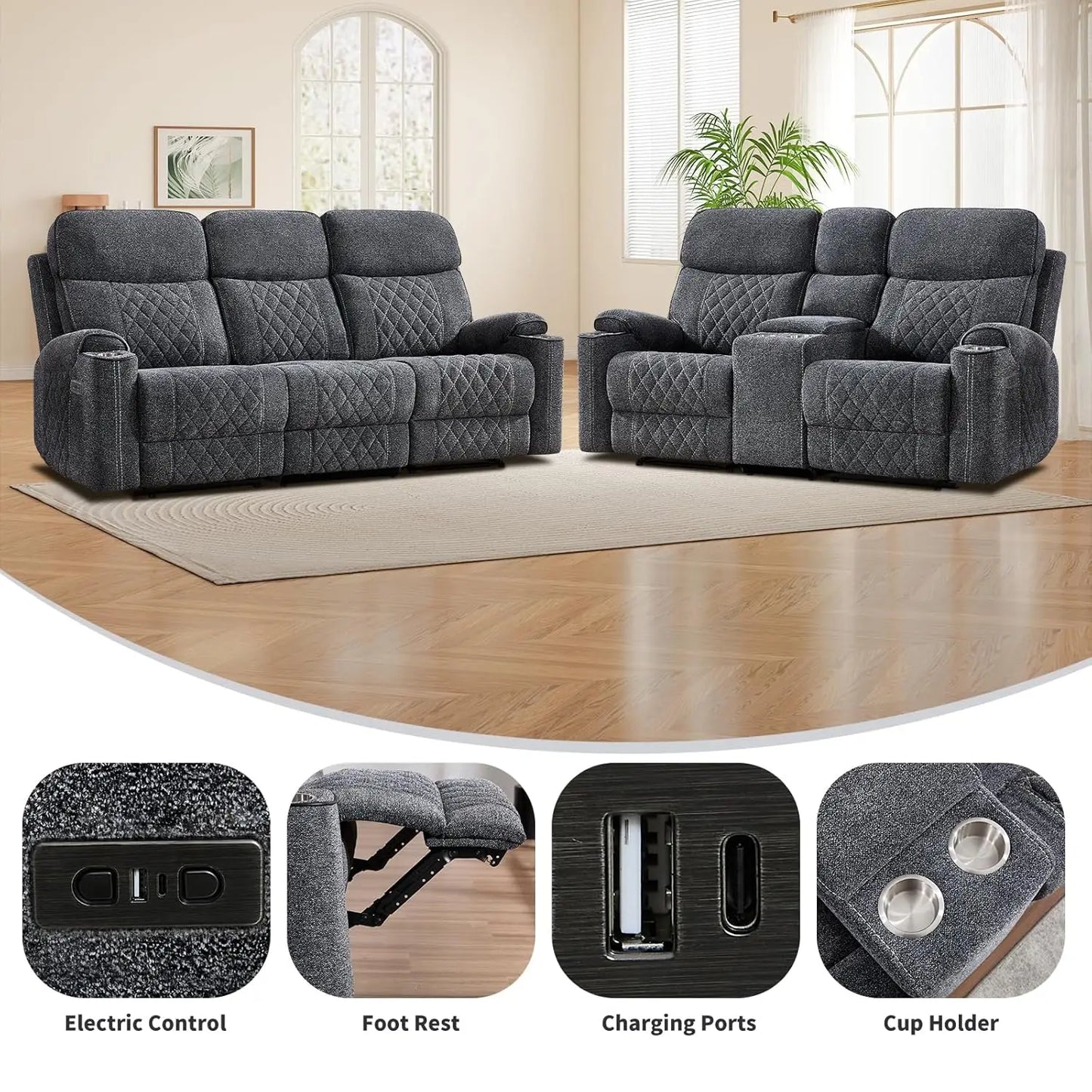 Power Reclining Sofa Set With Cup Holders USB Type C