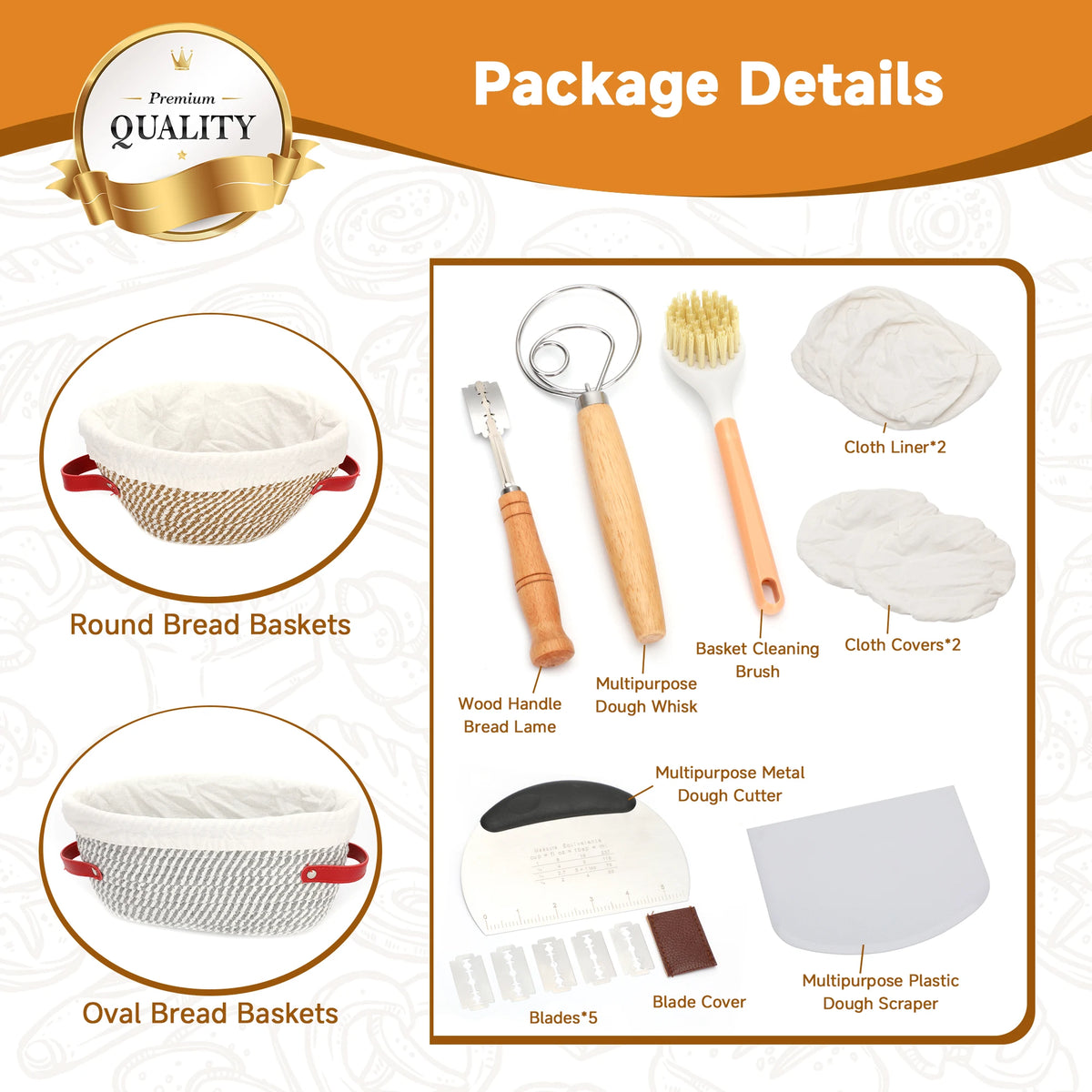 S And B Enterprise beige 17pc bread proofing basket set with 9in round and 10in oval bannetons and accessories