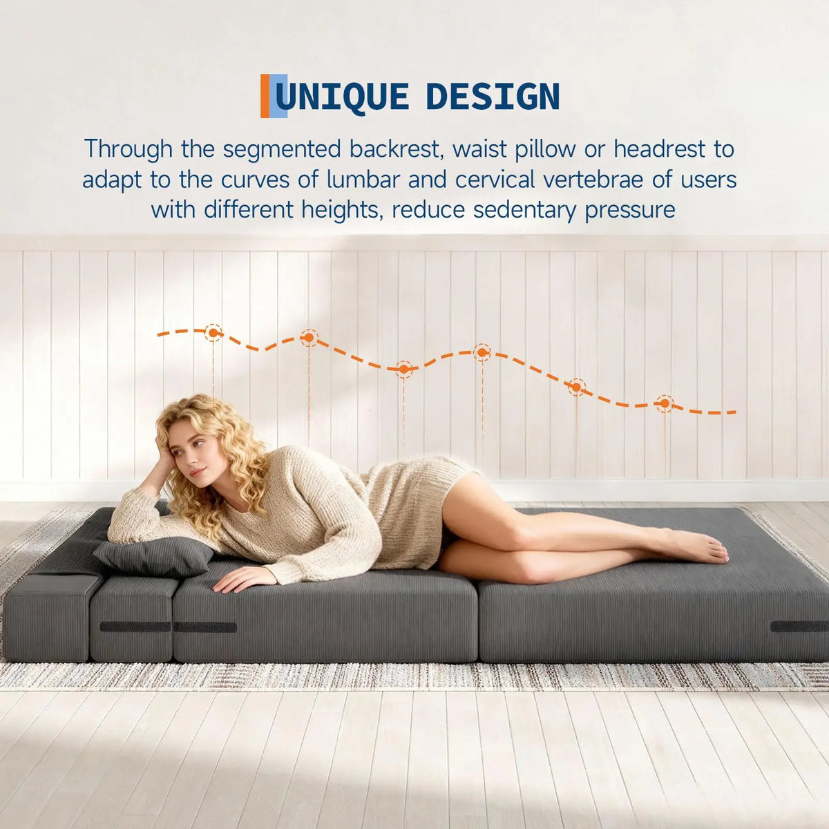 4-in-1 folding sofa bed by S And B Enterprise in soft gray corduroy with pillow, space-saving fold-out sleeper.