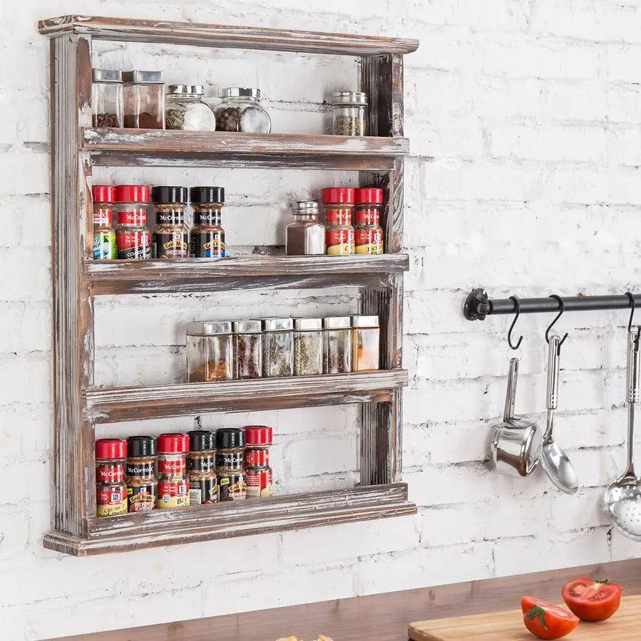 Wooden Spice Rack Wall Mount Four Tier Shelf Organizer