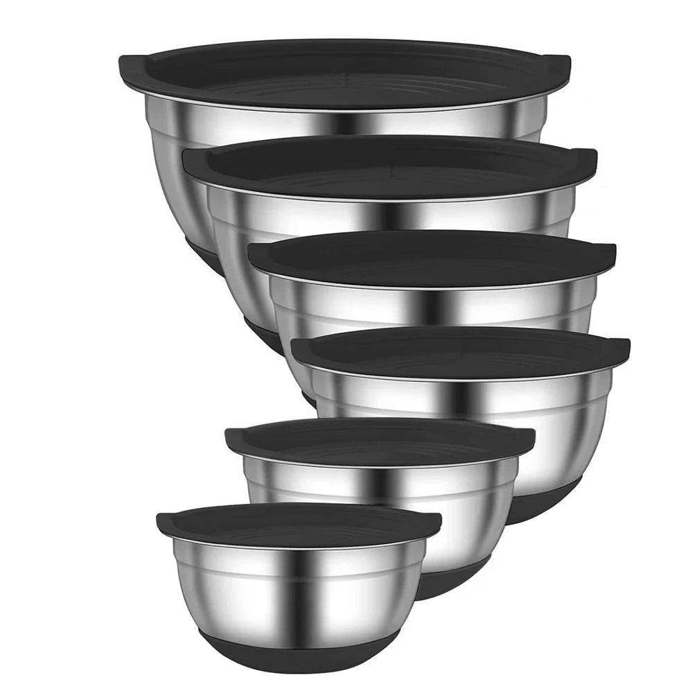 LMETJMA 6 Pcs Stainless Steel Mixing Bowls with Black Lids Kitchen Nesting Salad Mixing Bowl With Non-slip Silicone Bottom JT327 by S And B Enterprise
