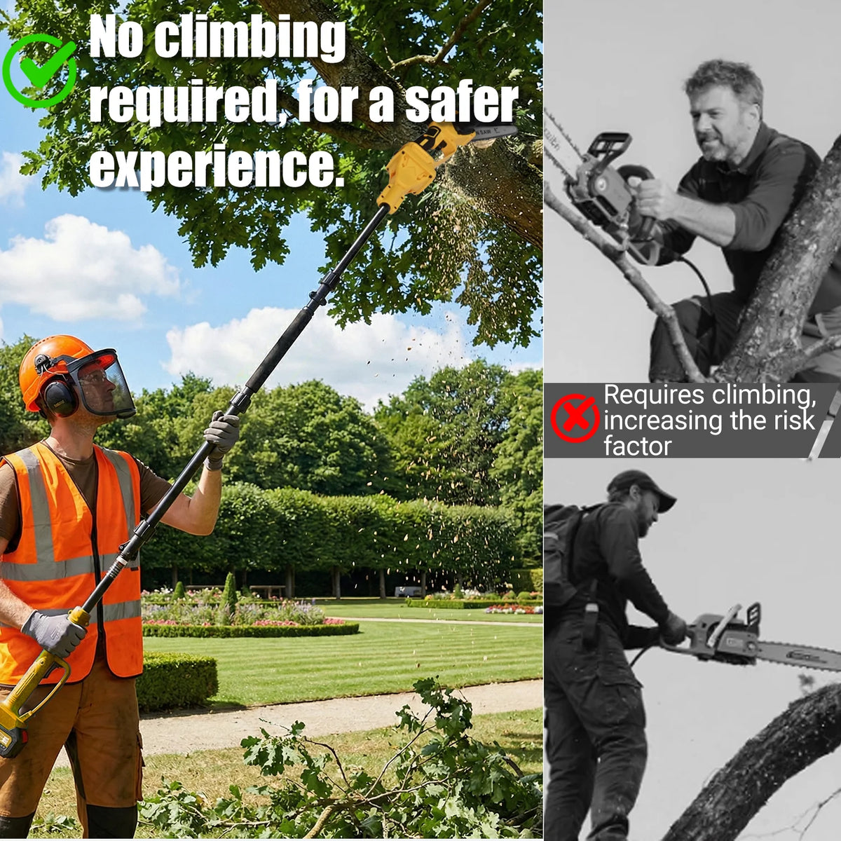 S And B Enterprise 2-in-1 cordless electric pole saw with extension pole, yellow, 6–8 inch blades.