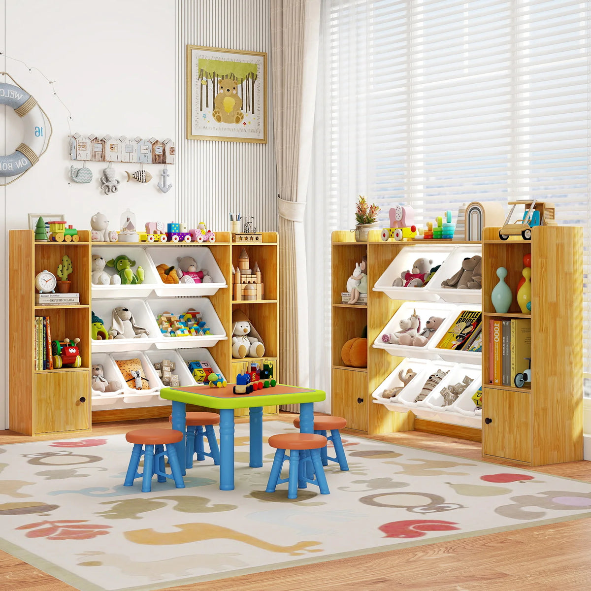 Kids toy storage and bookshelf in natural wood with 8 boxes, open shelves and 2 single-door cabinets.